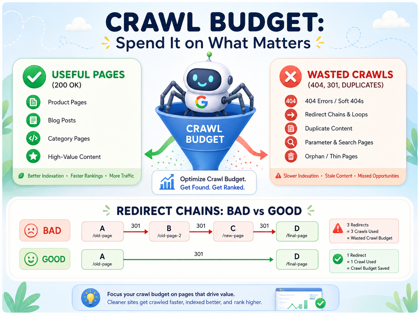 Diagram showing crawl budget allocation between useful pages and wasted crawlsDiagram showing crawl budget allocation between useful pages and wasted crawls