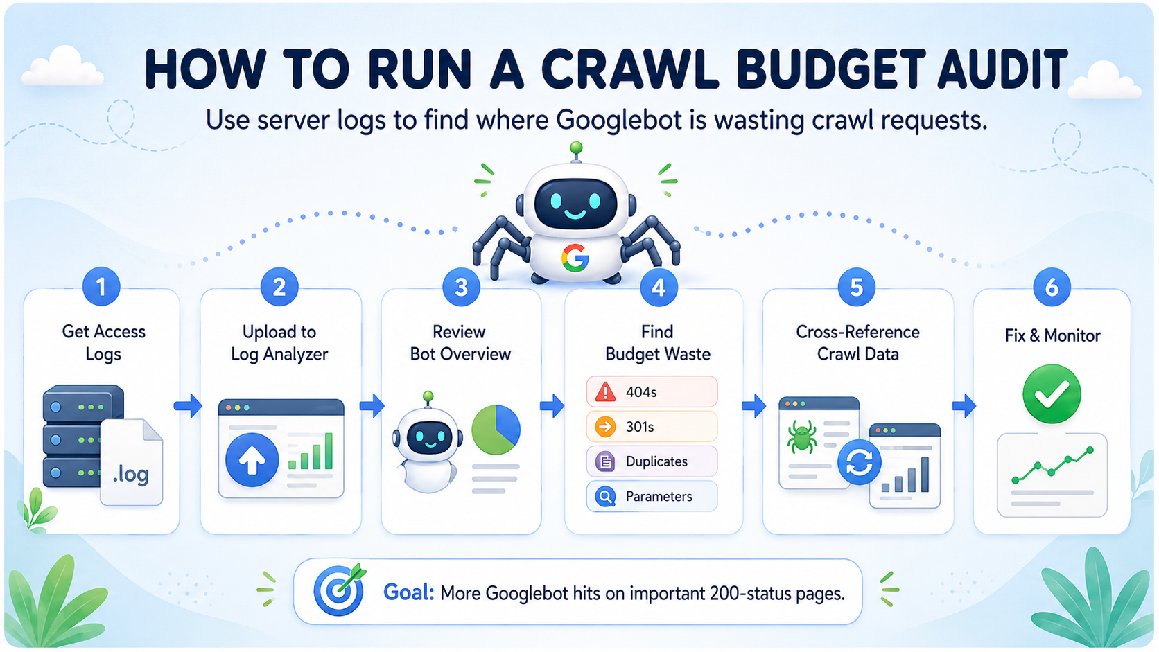 Diagram showing how to run a complete crawl budget audit