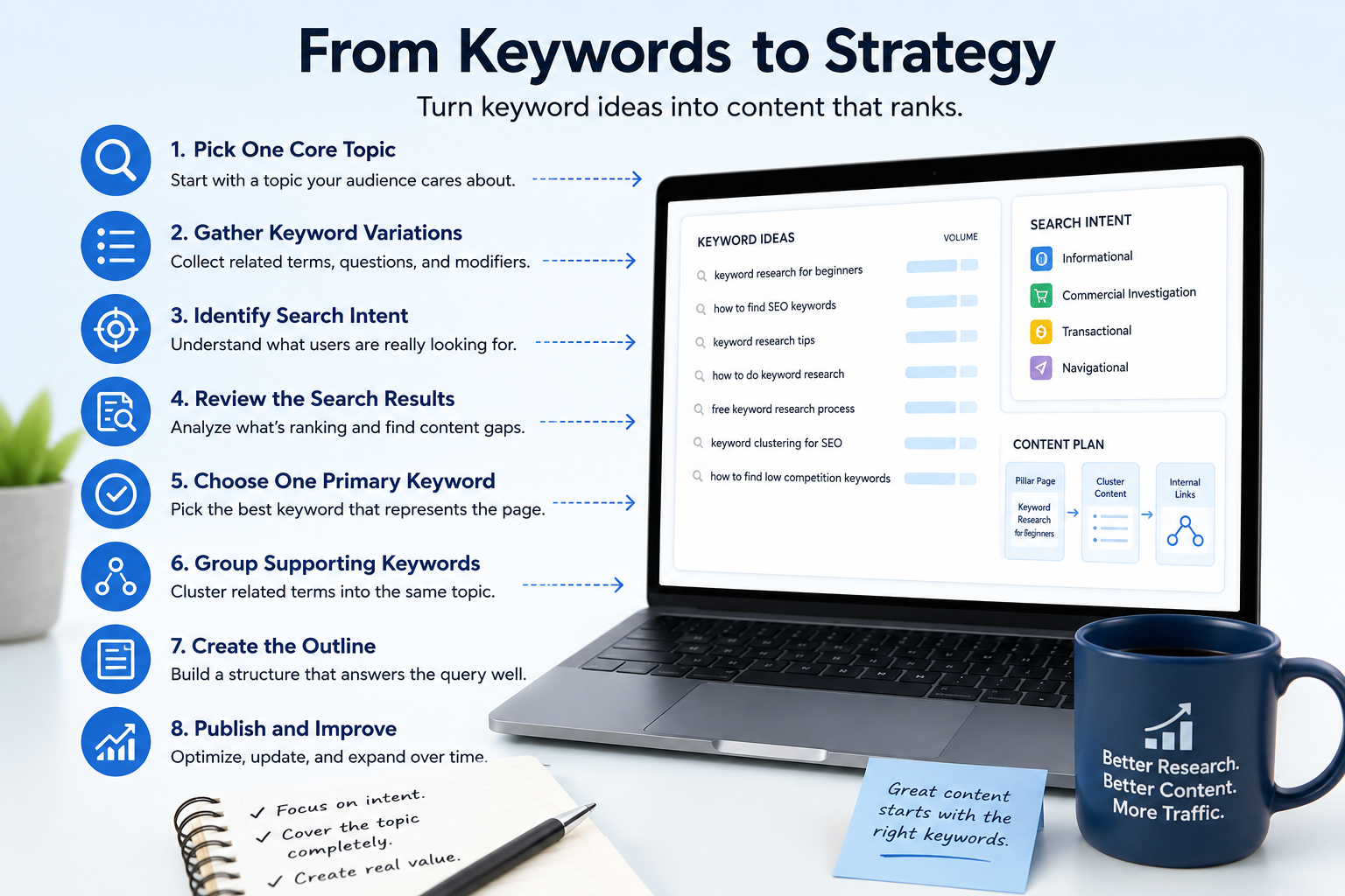 Beginner keyword research workflow for choosing keywords, grouping topics, and creating SEO content