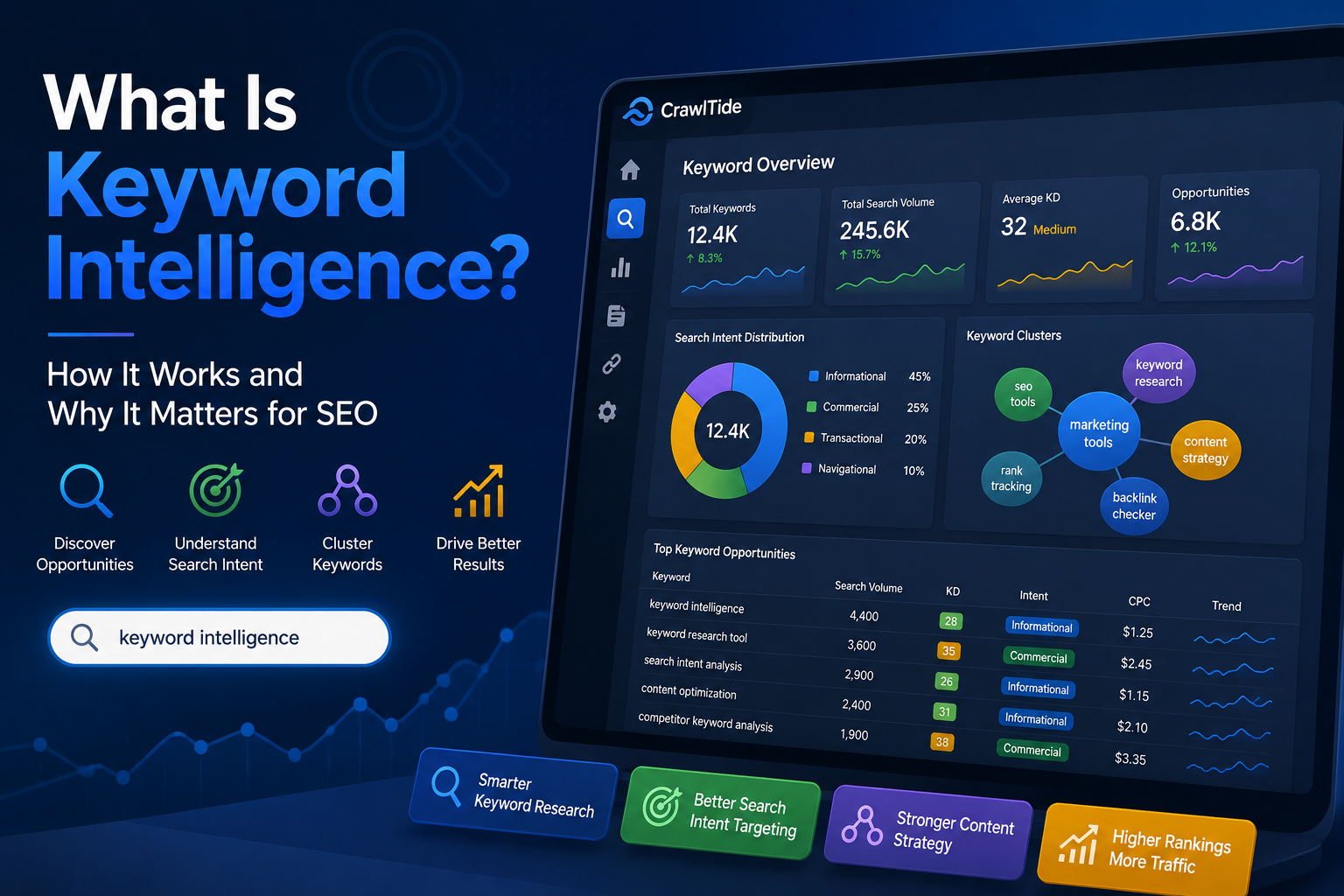 Keyword intelligence dashboard showing keyword opportunities, search intent, clustering, and SEO insights