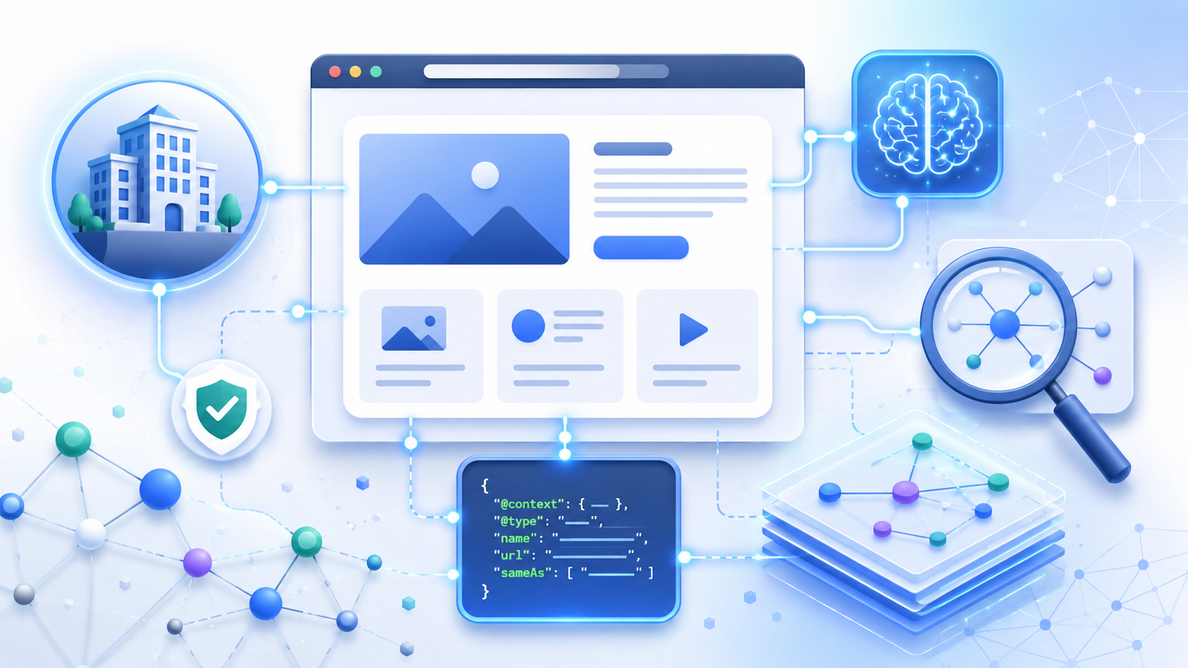 Diagram of WebSite schema connecting a website to its organization, AI answer engines, and search through structured data.