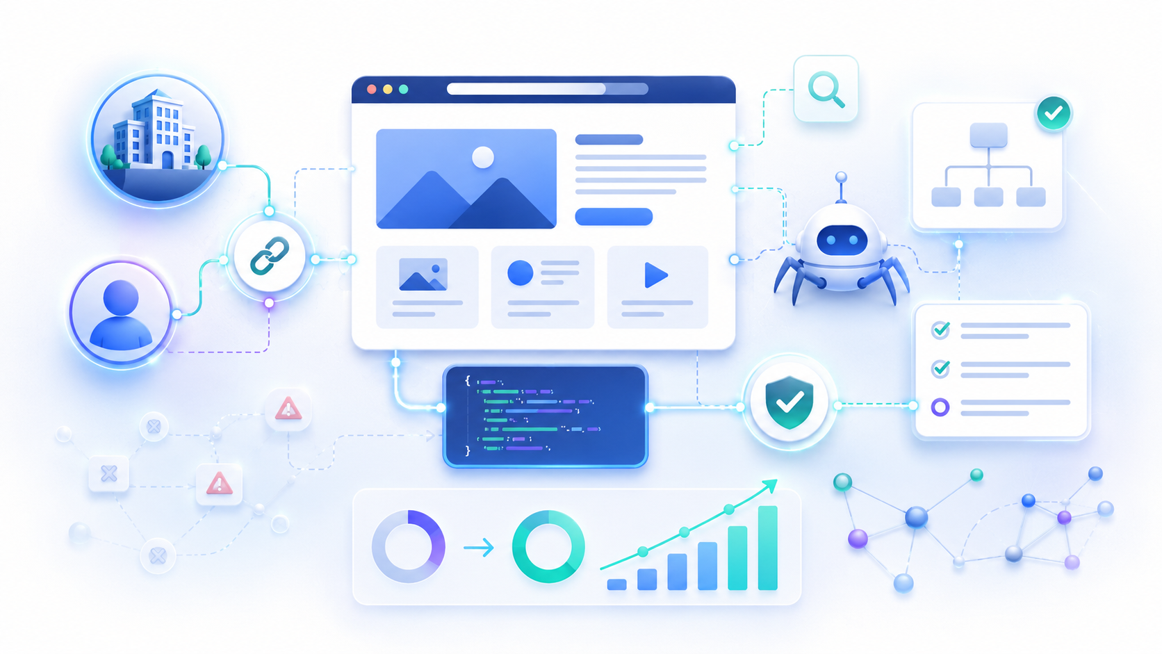 Illustration of a website linked to its organization, an AI crawler, sitemap structure, and verified WebSite schema code, with analytics.