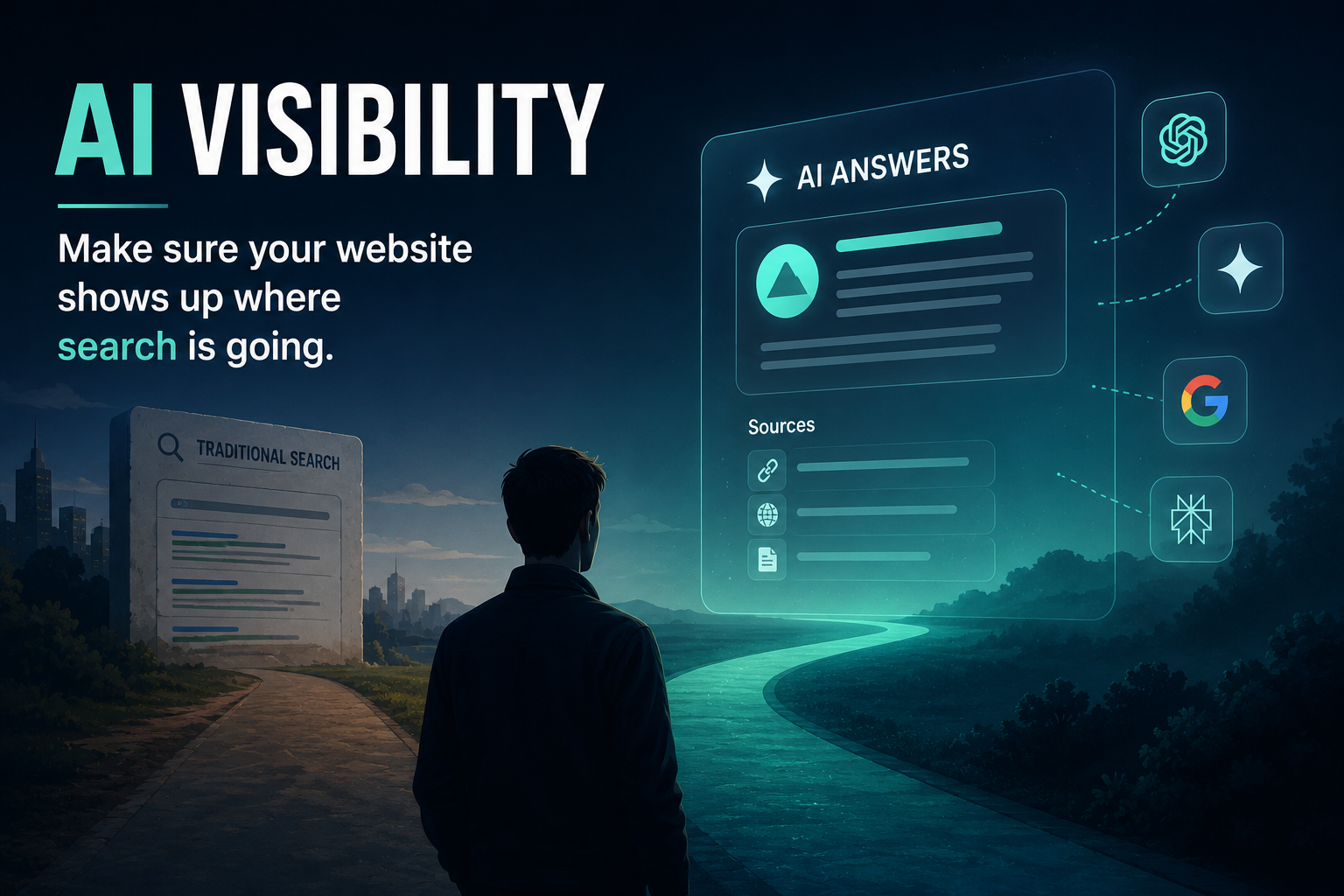 Conceptual illustration of AI visibility showing a journey from traditional search toward AI-generated search results through a futuristic digital landscape.