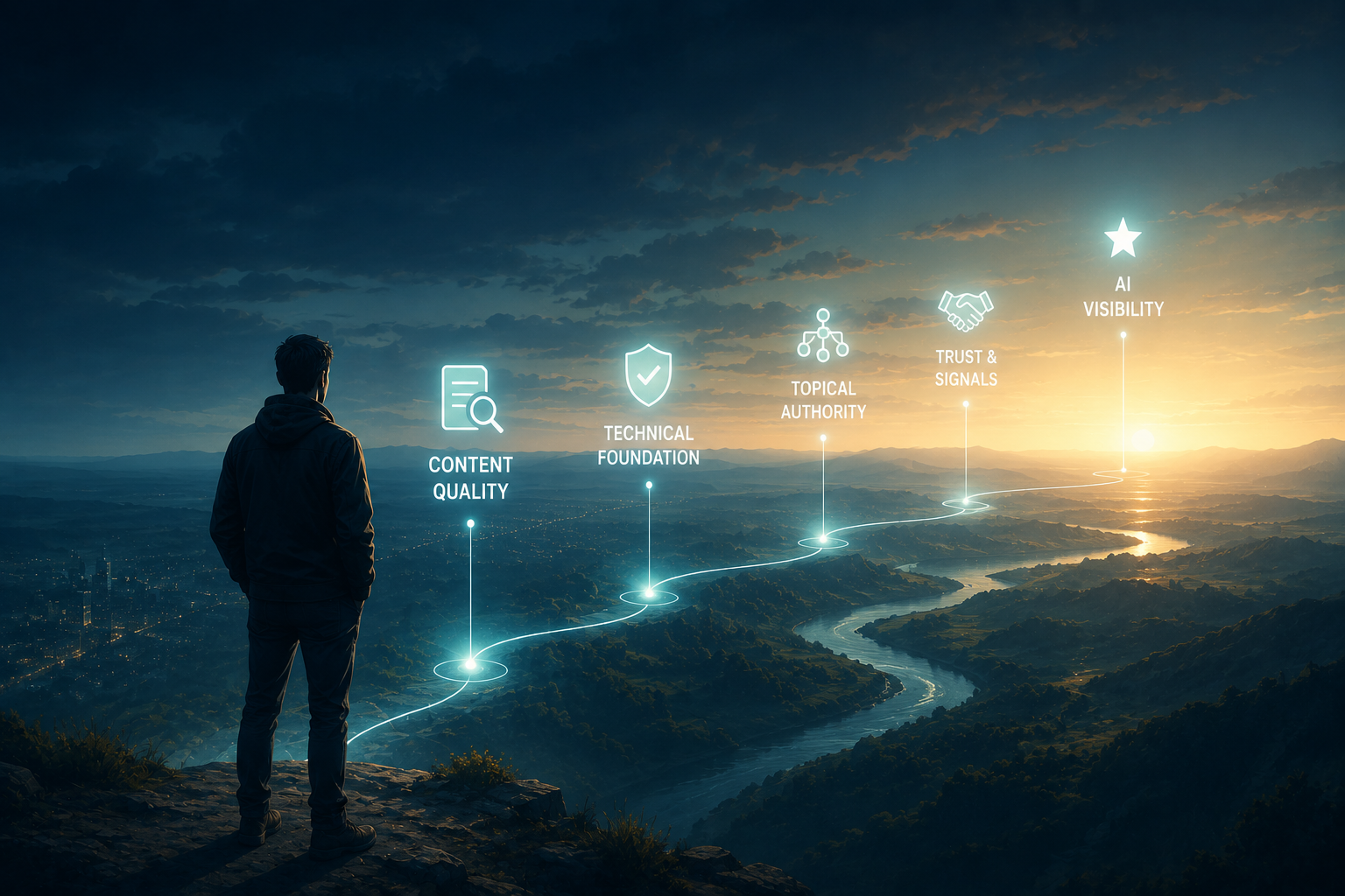 A glowing path through a digital landscape representing the steps to improve AI visibility, from strong content and technical foundations to trust, topical authority, and AI search presence.