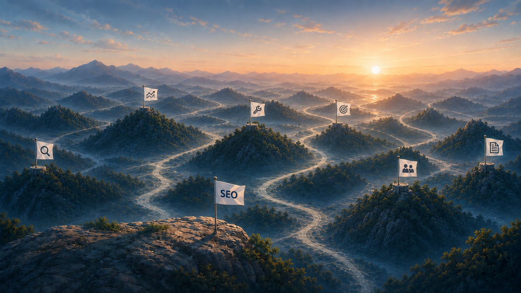 An SEO flag overlooks a connected mountain landscape marked by flags for keyword research, content strategy, site tools, search intent, competitors, and on-page optimization.