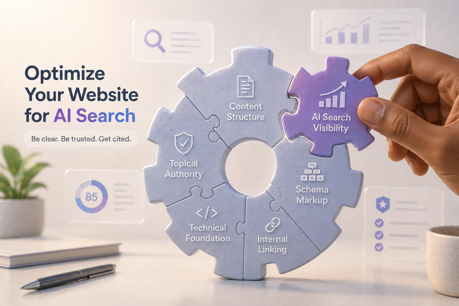 Hand placing the final puzzle piece into an SEO optimization wheel representing content structure, technical SEO, schema markup, internal linking, and topical authority for AI search optimization.