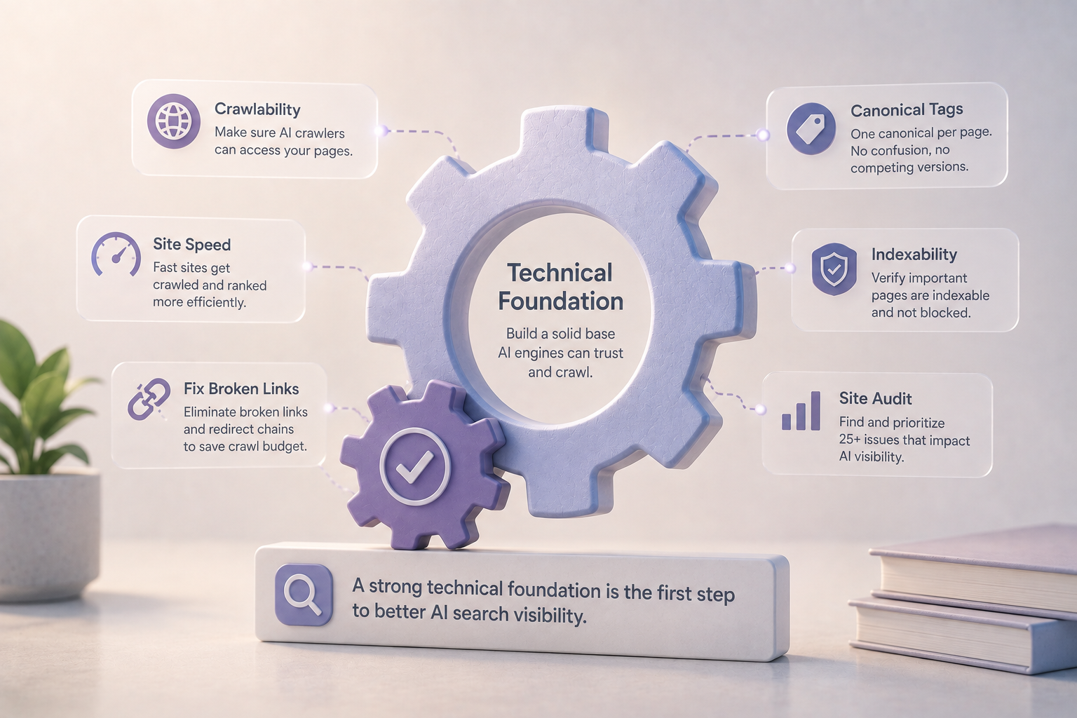 Technical SEO foundation illustration showing crawlability, site speed, canonical tags, indexability, broken link fixes, and site audits as the building blocks for AI search visibility.