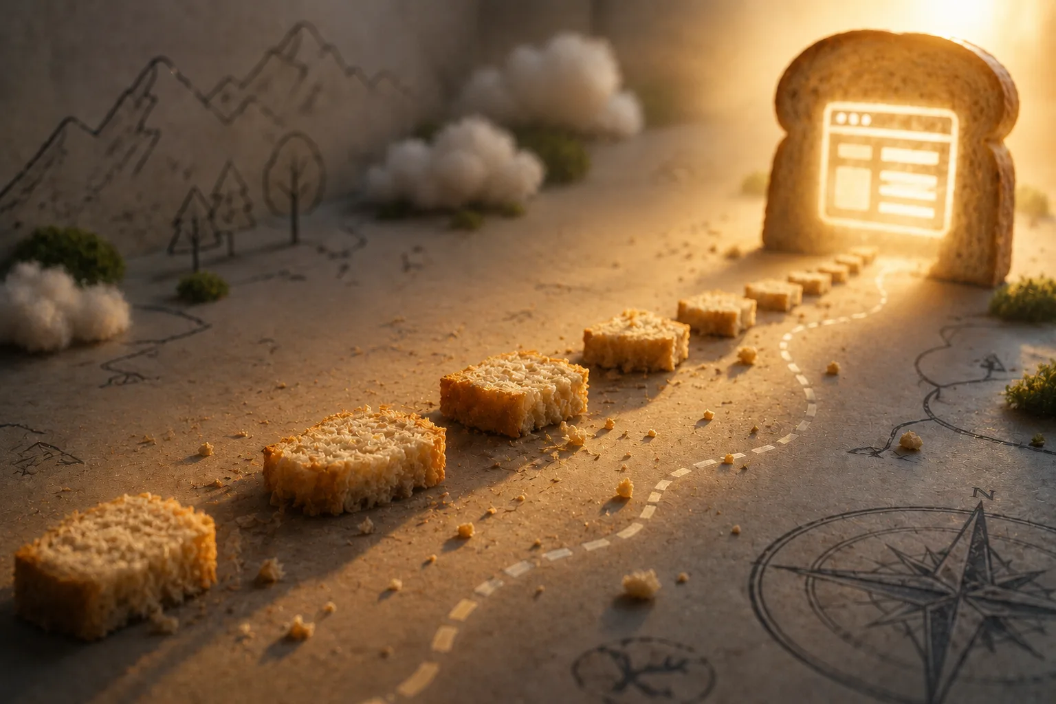A trail of real breadcrumbs leading toward a website, representing how breadcrumb schema helps search and AI engines understand site structure.