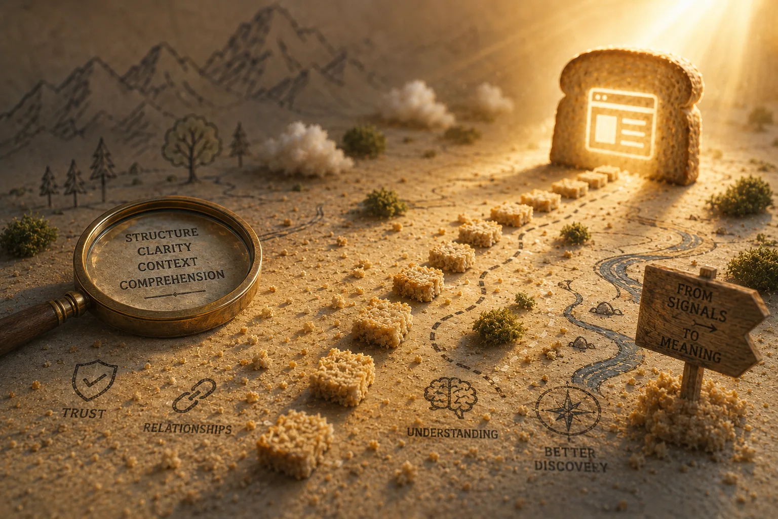 A breadcrumb trail across a map with a magnifying glass, representing how clear site structure gives search and AI engines better context and understanding.