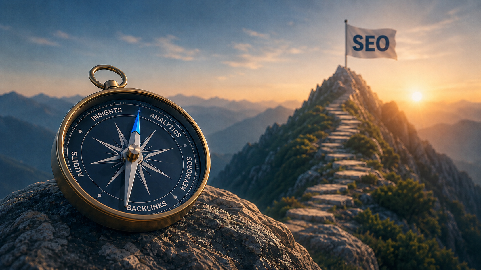 A compass representing SEO insights points toward a mountain path leading to an SEO flag at sunrise.
