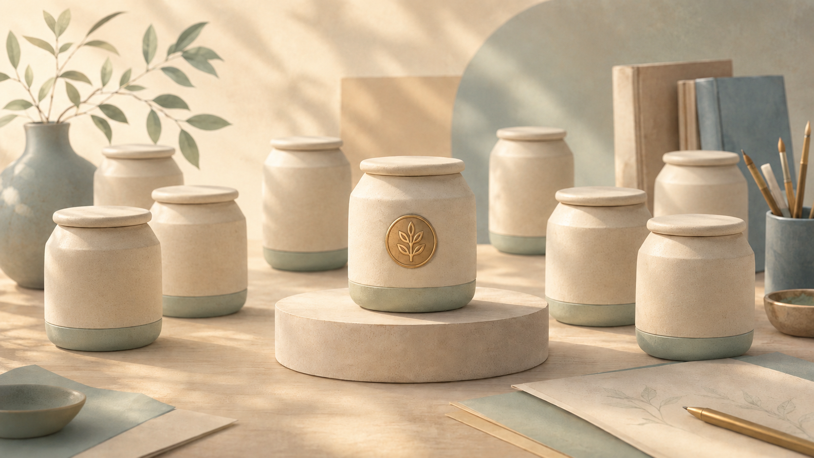 Branded ceramic jar with a gold insignia standing out among identical unmarked jars, representing how Organization schema clarifies brand identity.