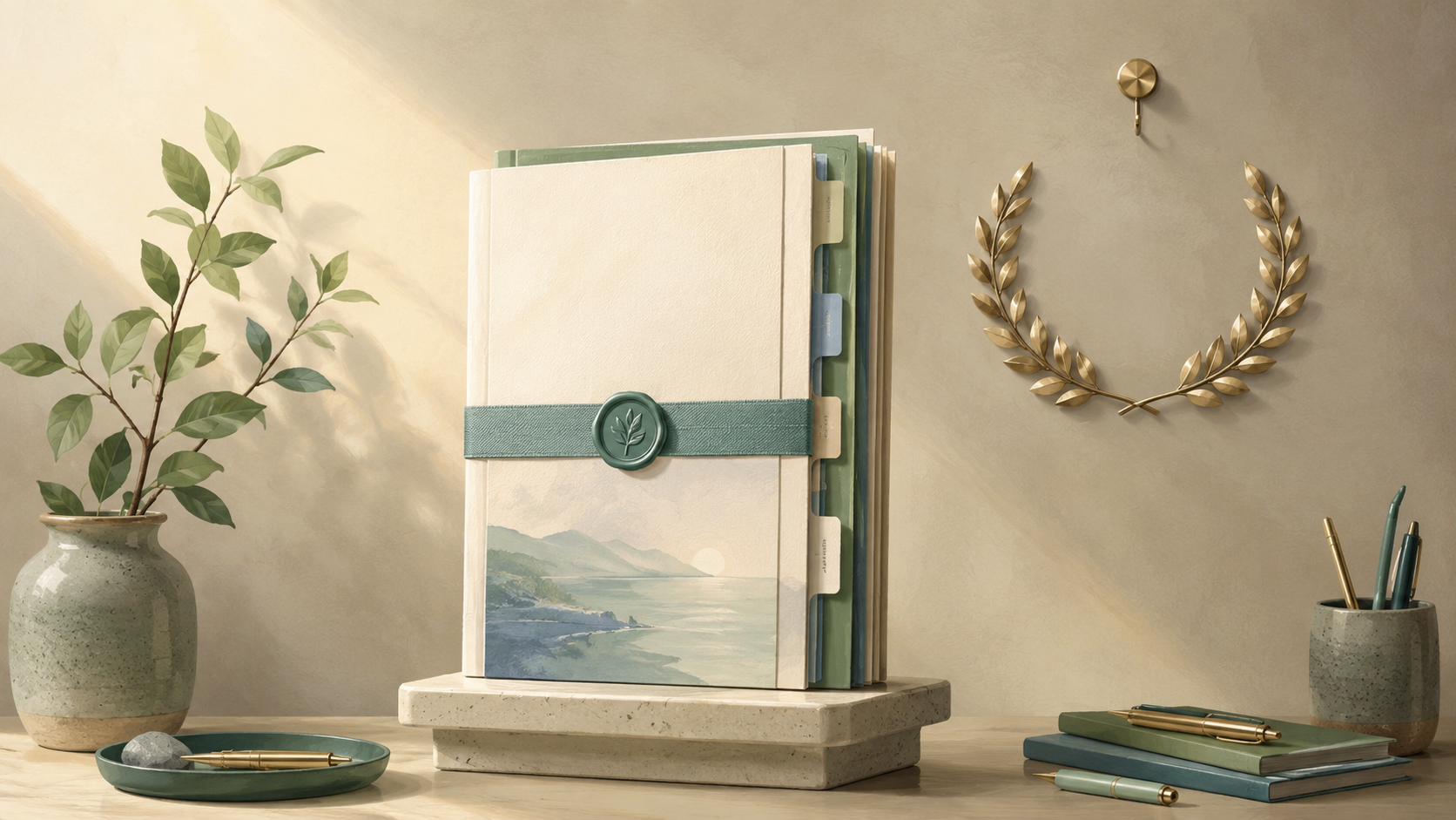 Organized sealed volume on a stone plinth beneath an unclaimed gold laurel, representing AI visibility readiness without guaranteed recognition.