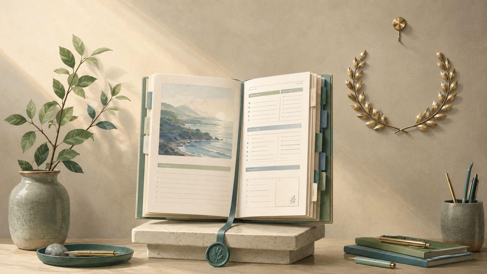 Open tabbed volume being consulted on a stone plinth while the gold laurel remains unclaimed, showing that AI visibility readiness earns consideration, not selection.