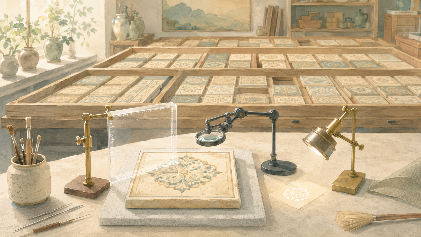Several specialized inspection instruments examine a single decorative tile while a large collection of similar tiles rests in archival trays behind it.
