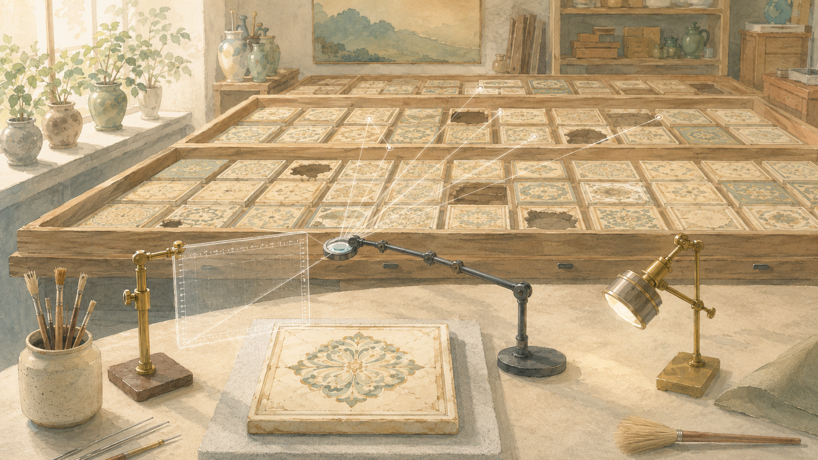 Inspection instruments survey an entire collection of decorative tiles at once, revealing scattered damaged pieces and empty spaces among otherwise intact items.