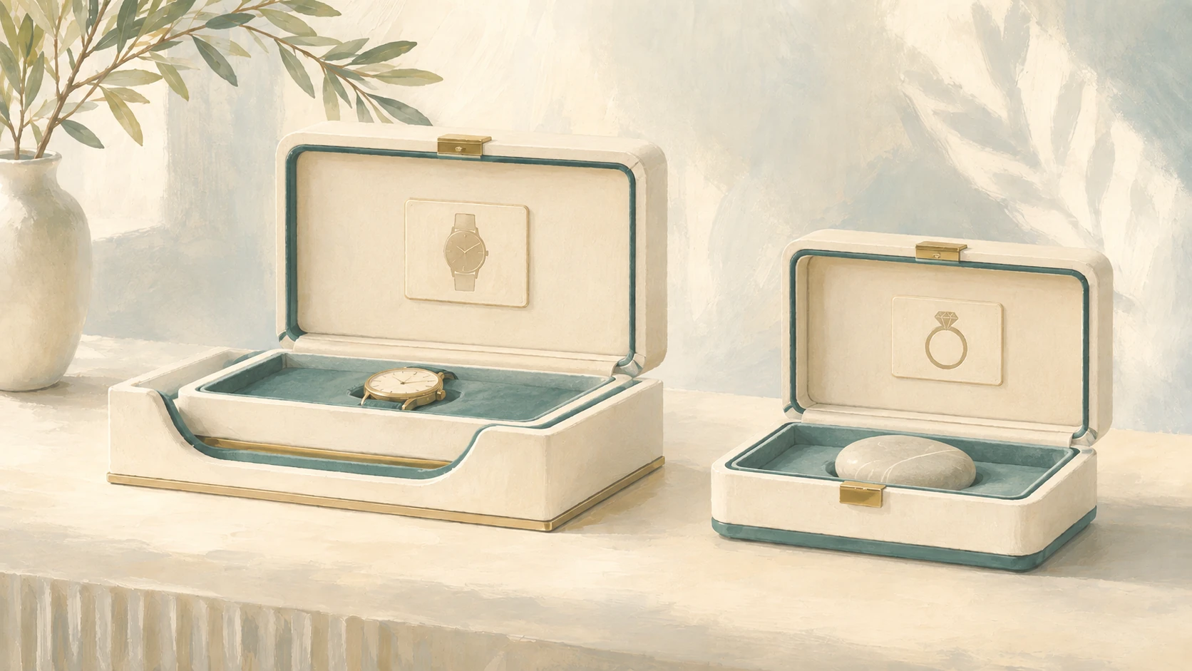 Two open presentation boxes, one with contents matching its label and one with mismatched contents, illustrating a product schema category mismatch.