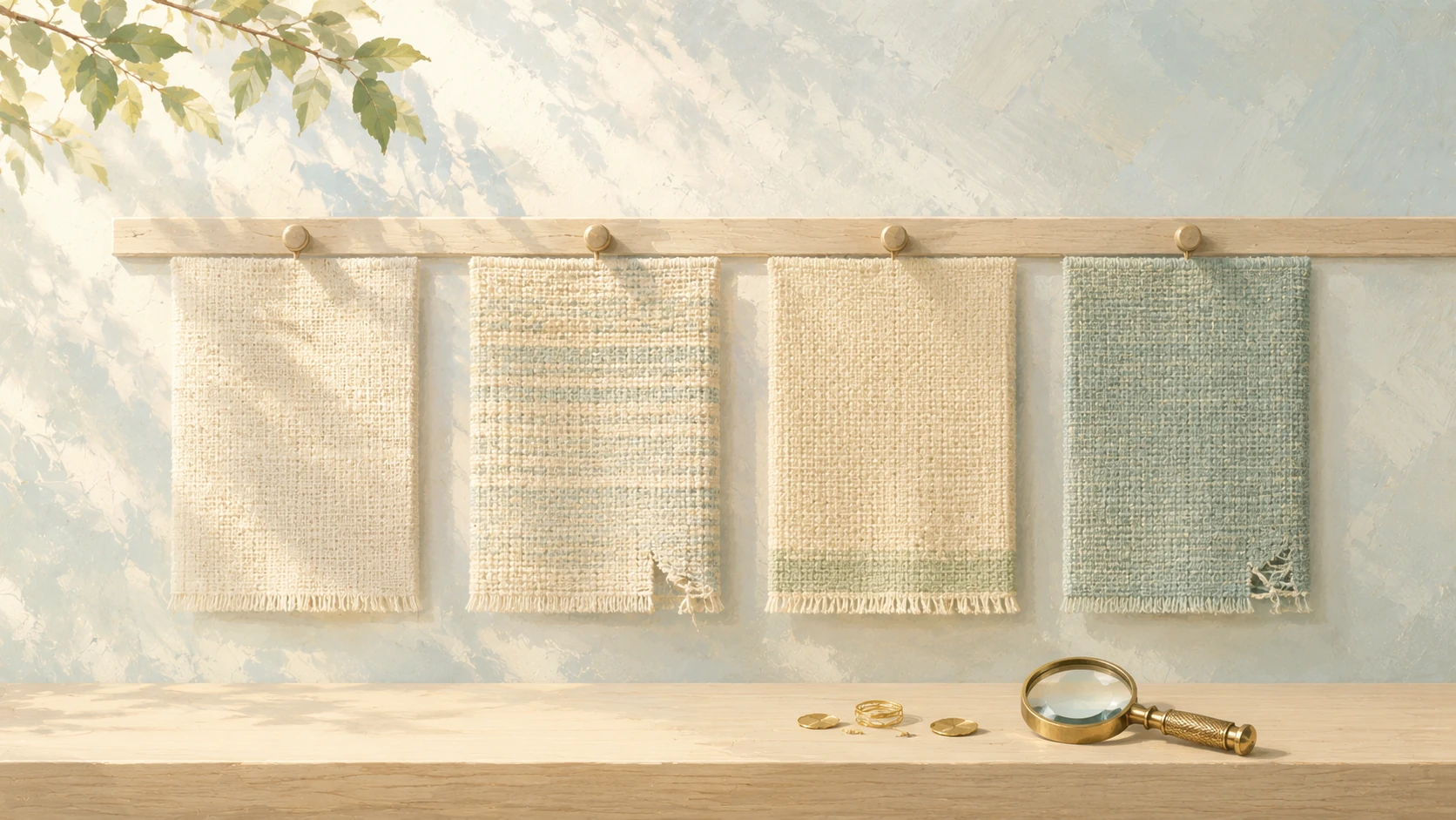 Four woven swatches on a rail, two quietly fraying at the corner, with gold pieces fallen on the shelf below, illustrating schema errors going unnoticed.
