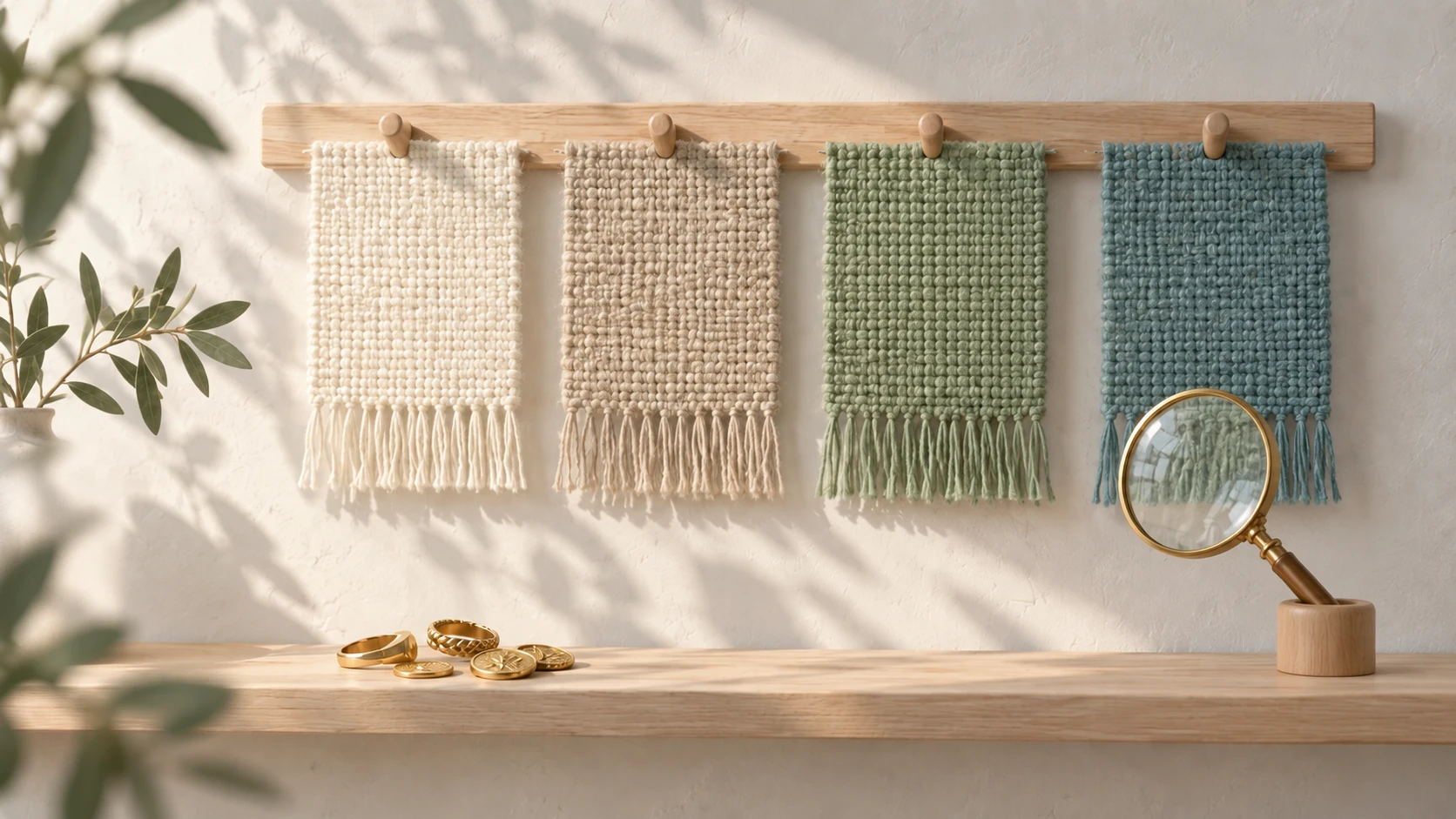 Four rewoven swatches with the fallen gold gathered back on the shelf and a magnifier set ready for inspection, illustrating schema errors found and fixed as a routine.