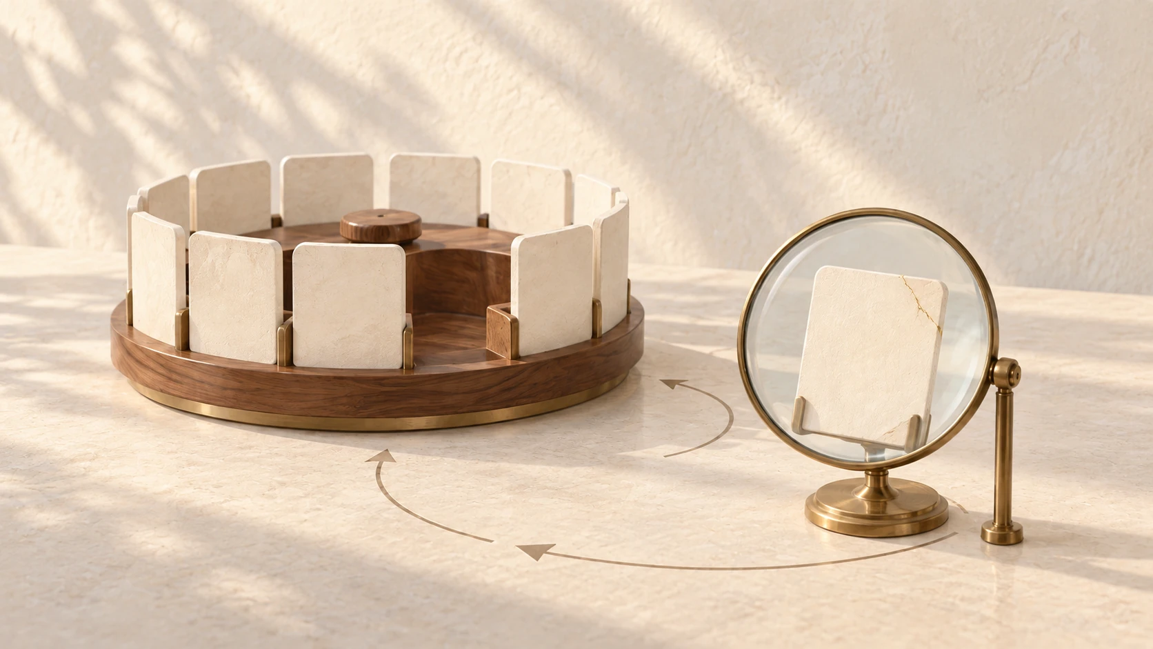 A ring of stone tablets on a turntable with one slot standing empty, and a tablet under a magnifying lens, illustrating finding where a brand is absent from AI answers.
