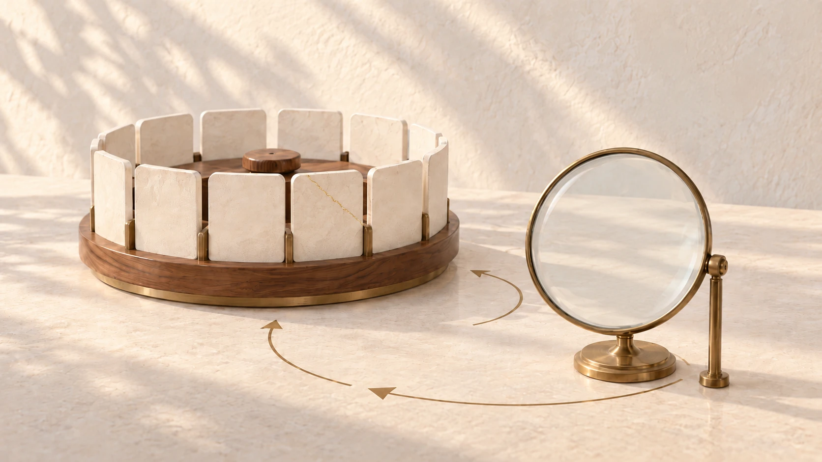 The same ring of tablets with every slot now filled including one bearing a gold repair line, the lens empty and arrows tracing a completed circle, illustrating a verified generative engine optimization loop.