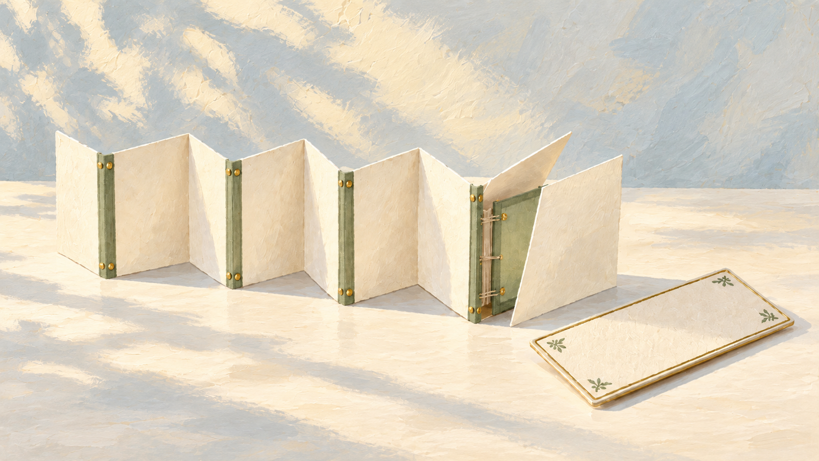Painted illustration of an accordion-fold book with sage spines standing open, beside an empty gold-bordered display tray.