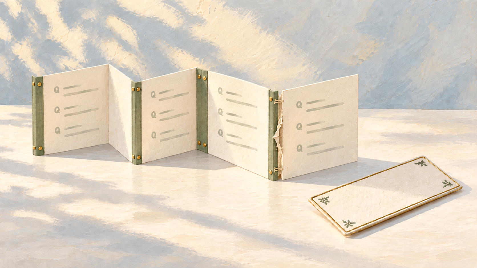 Painted illustration of the accordion book turned to show question-and-answer pairs inside, with one panel's binding frayed.