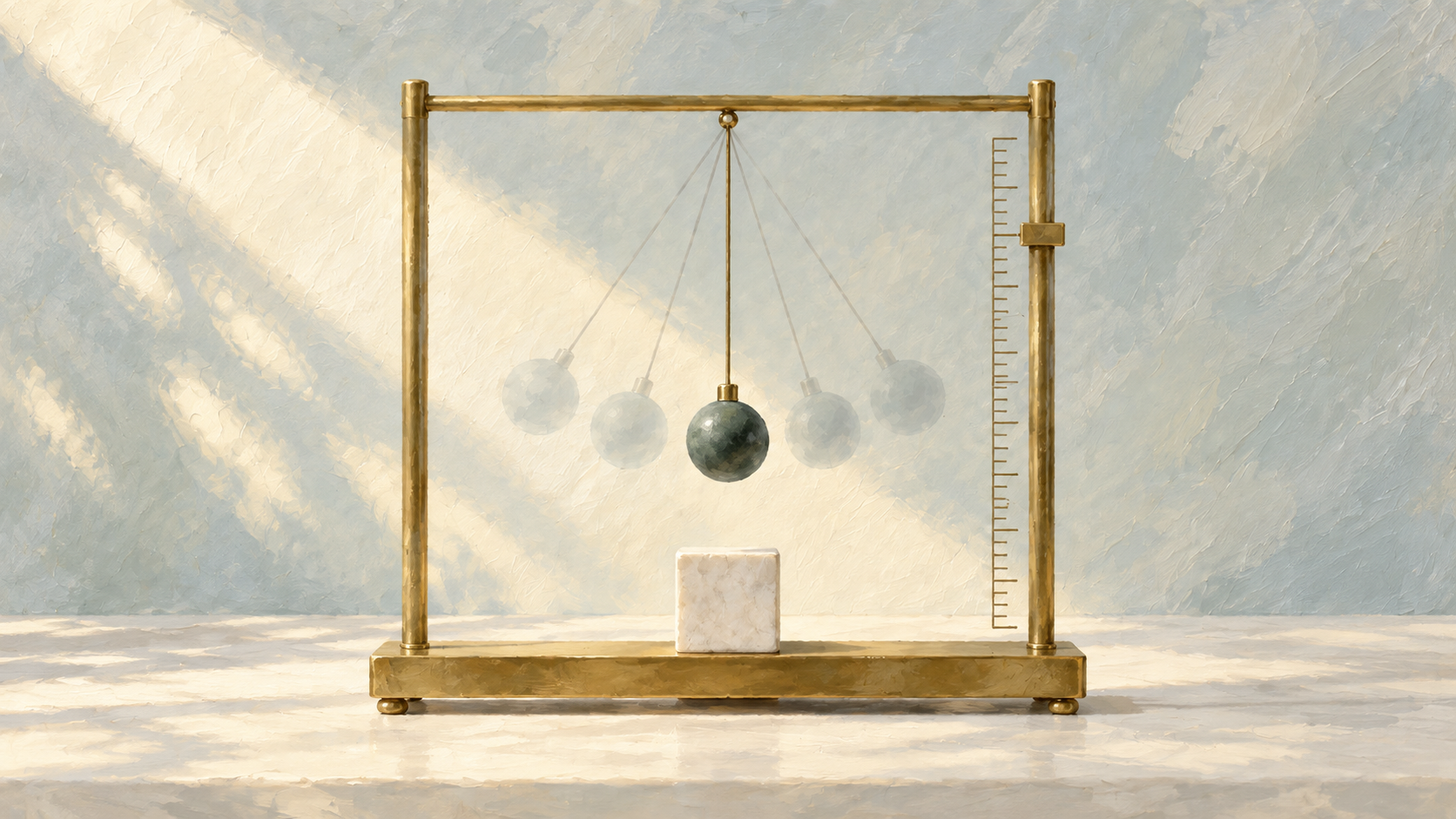 A painted brass pendulum frame with one dark sphere in focus and four ghosted swing positions behind it, a calibrated brass scale at the right and a white marble block on the base