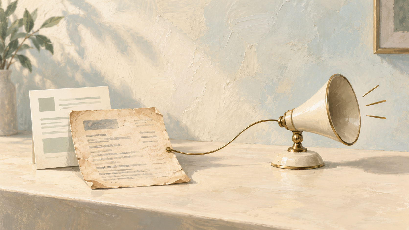 A painted scene of a yellowed curled old document wired by a brass tube into a gramophone horn that is broadcasting it, with a clean current document resting unread behind it