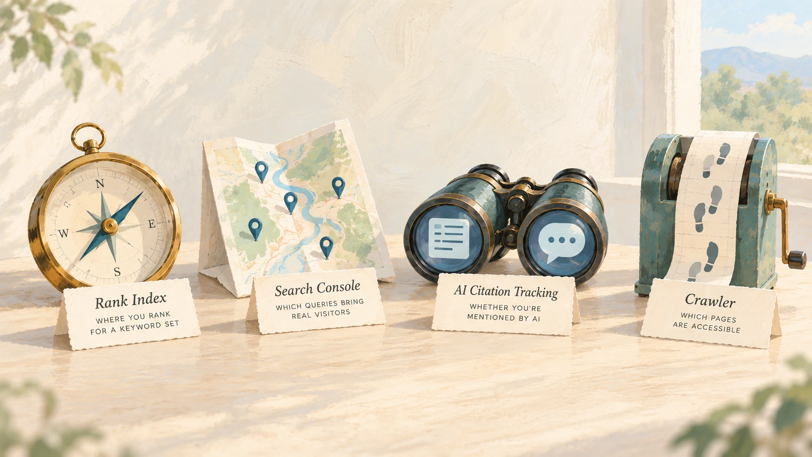 Four painted measuring instruments in a row, each with a small card naming what it measures.