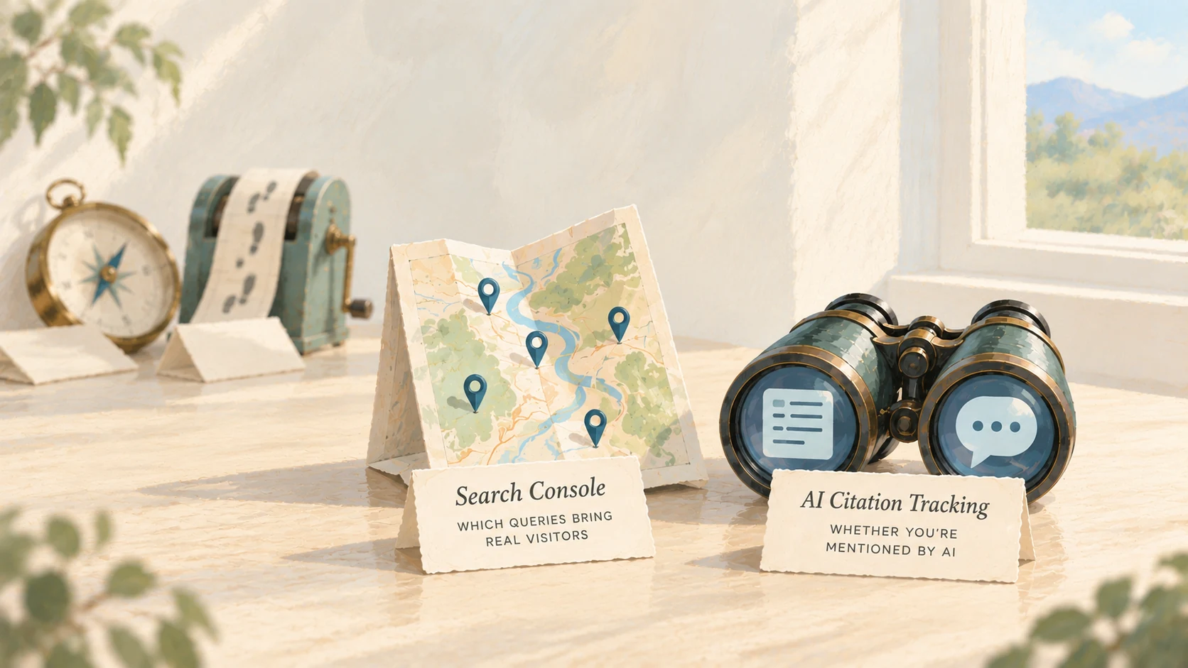 A pinned map and binoculars moved forward into the light while a compass and reel device sit set aside.