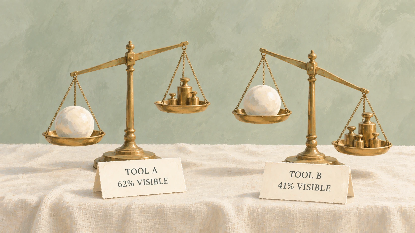Two brass balance scales weighing identical stone spheres tip to different angles.