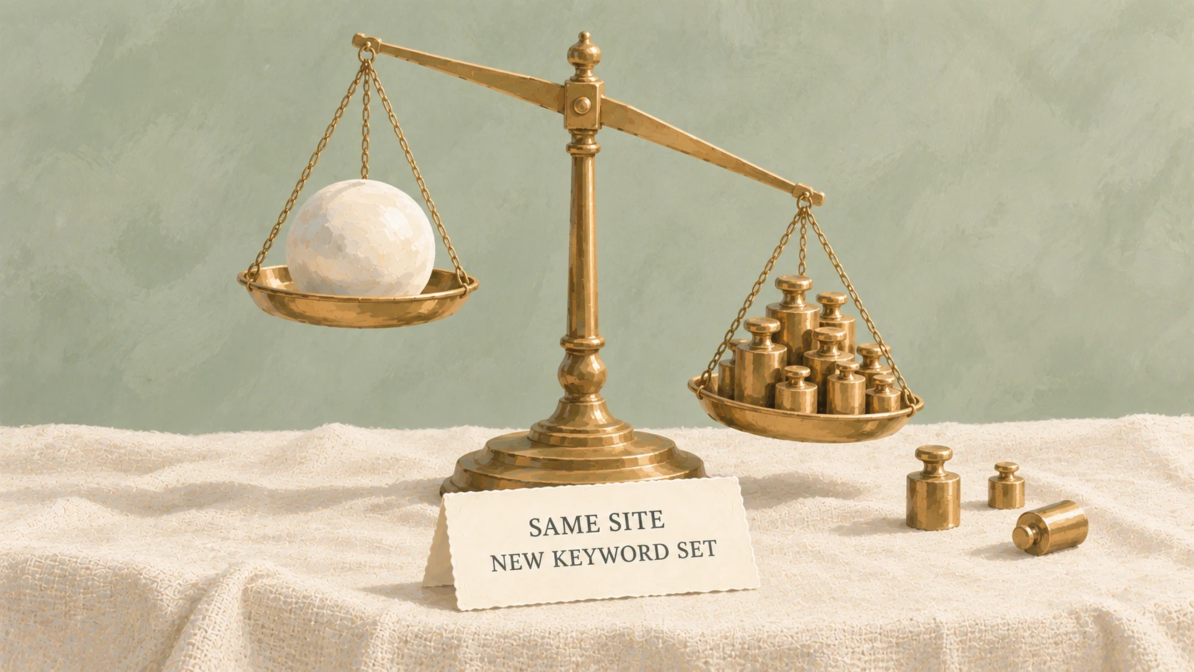 One scale, the same stone sphere untouched, its other pan heaped with extra brass weights.