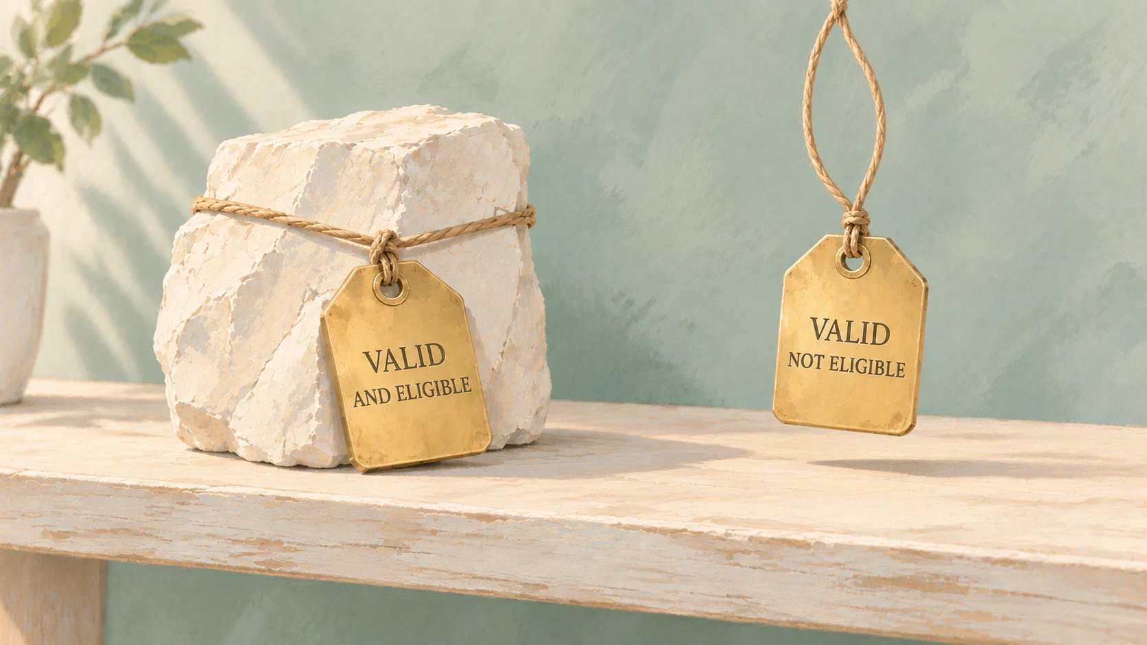 Two brass tags on a shelf: one tied around a stone, the other hanging from an empty loop.
