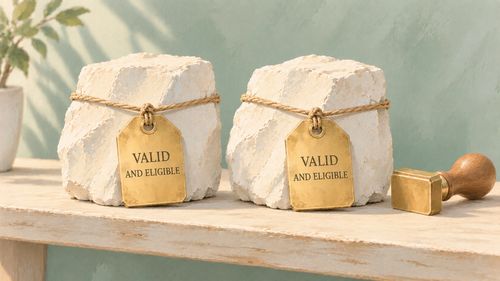 Both brass tags now tied firmly around their own stones, a brass date stamp resting beside them.