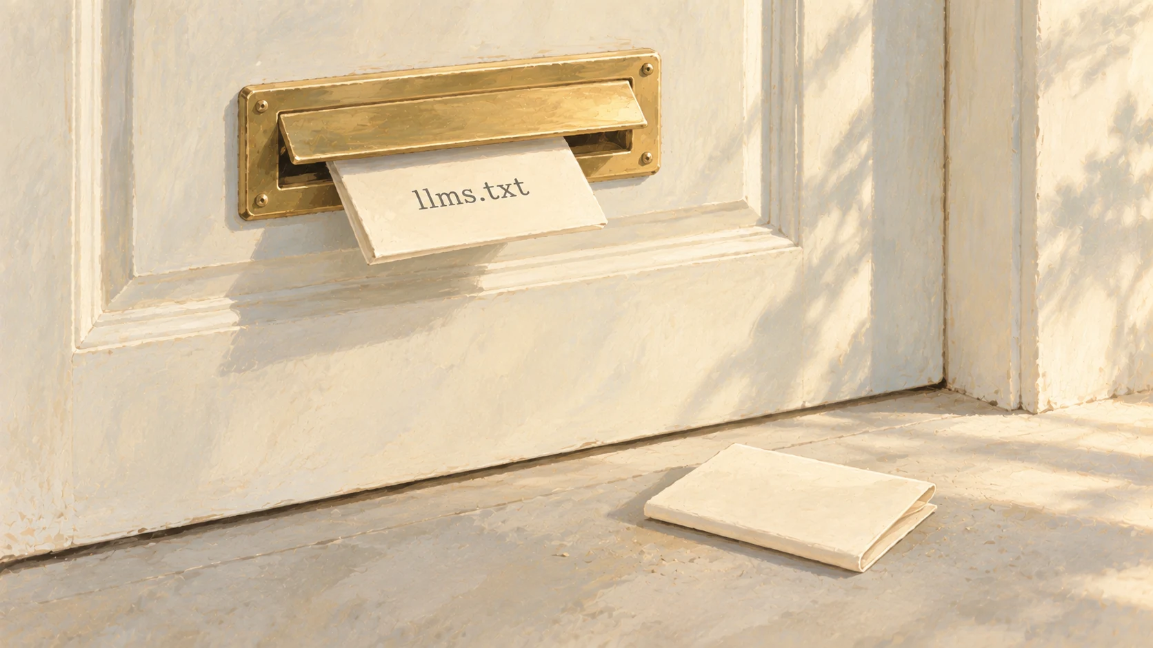 A note labelled llms.txt pushed halfway through a brass letter slot, another lying uncollected below.