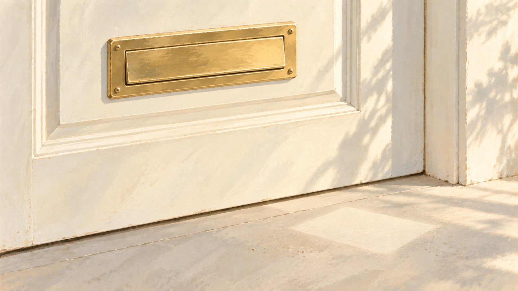 An empty brass letter slot with its flap closed and a clean rectangle in the dust where a note lay.