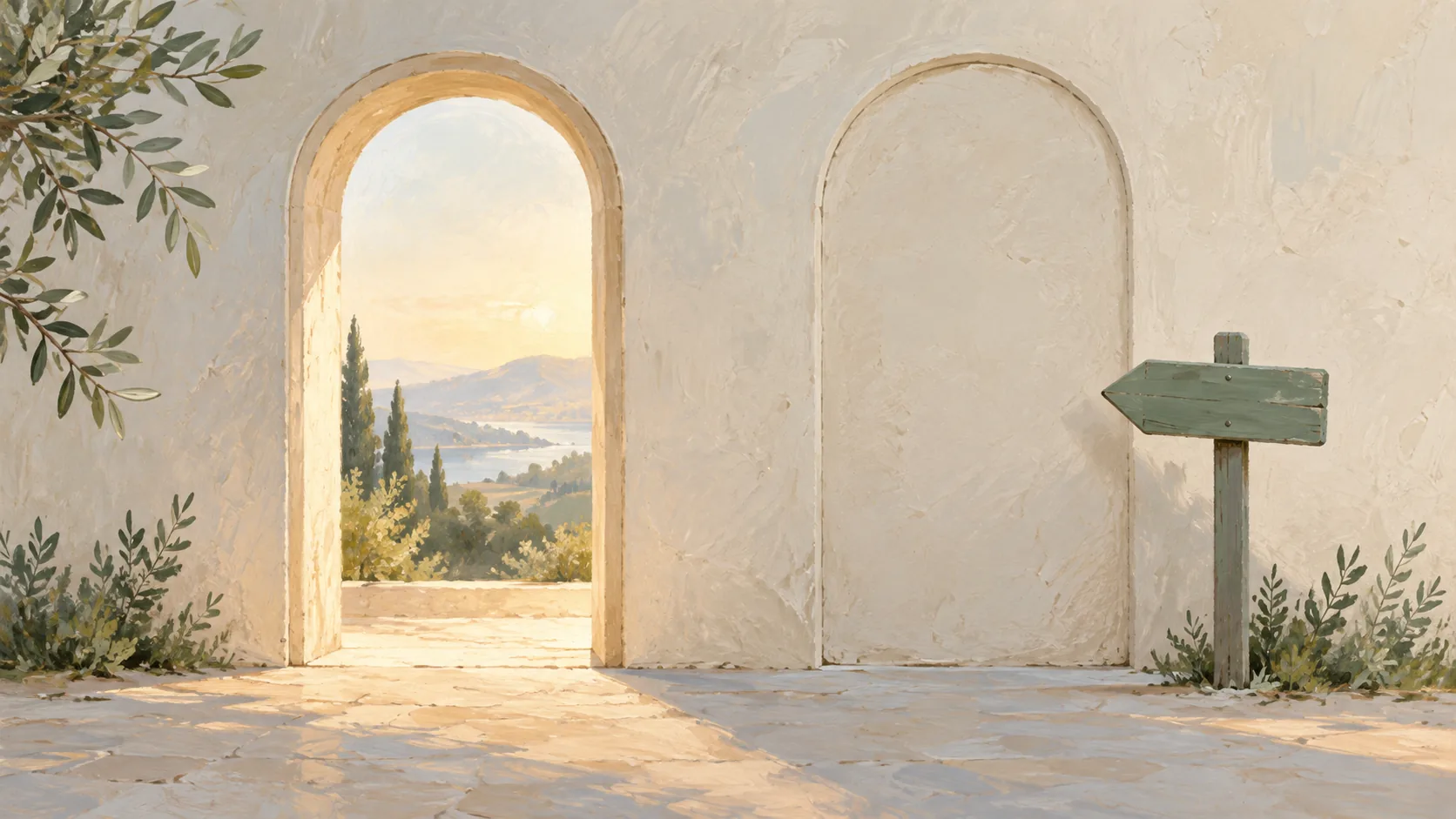 Two arched doorways, one open and one sealed, with a green sign pointing toward retired schema markup.