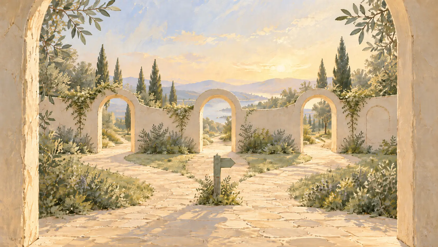 Three open garden gateways along a sunlit path representing schema markup types still eligible for Google rich results.