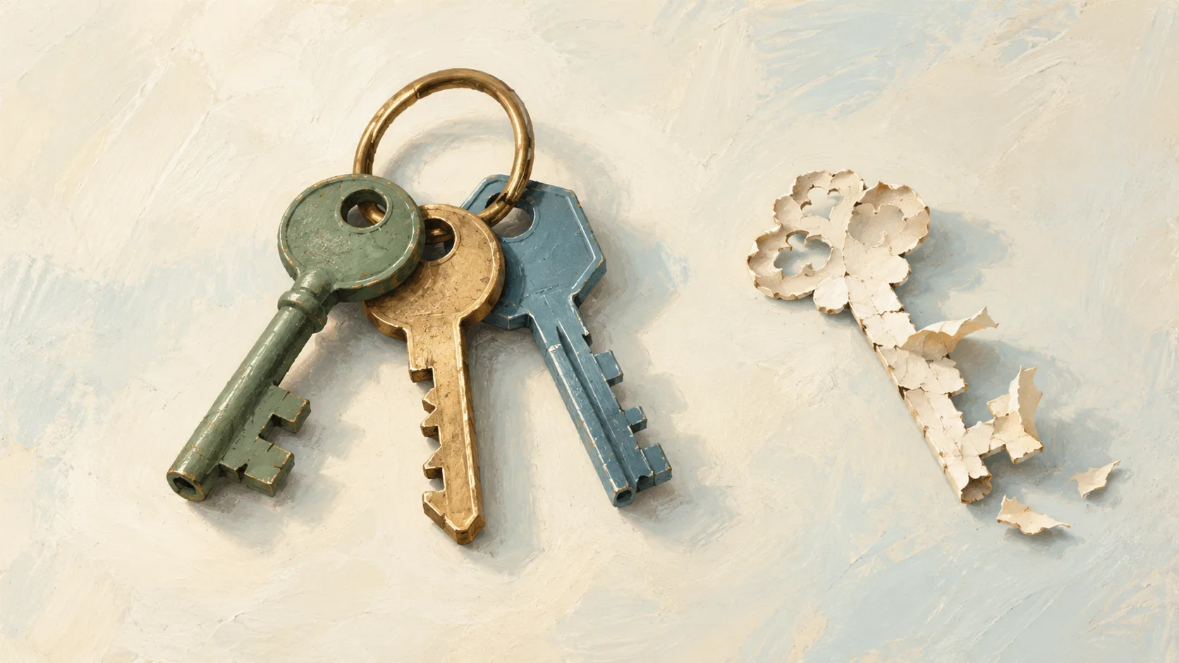 Three sturdy sage green, brass, and blue-gray keys on a ring beside a crumbling paper key, representing reliable free SEO tools versus limited trials.