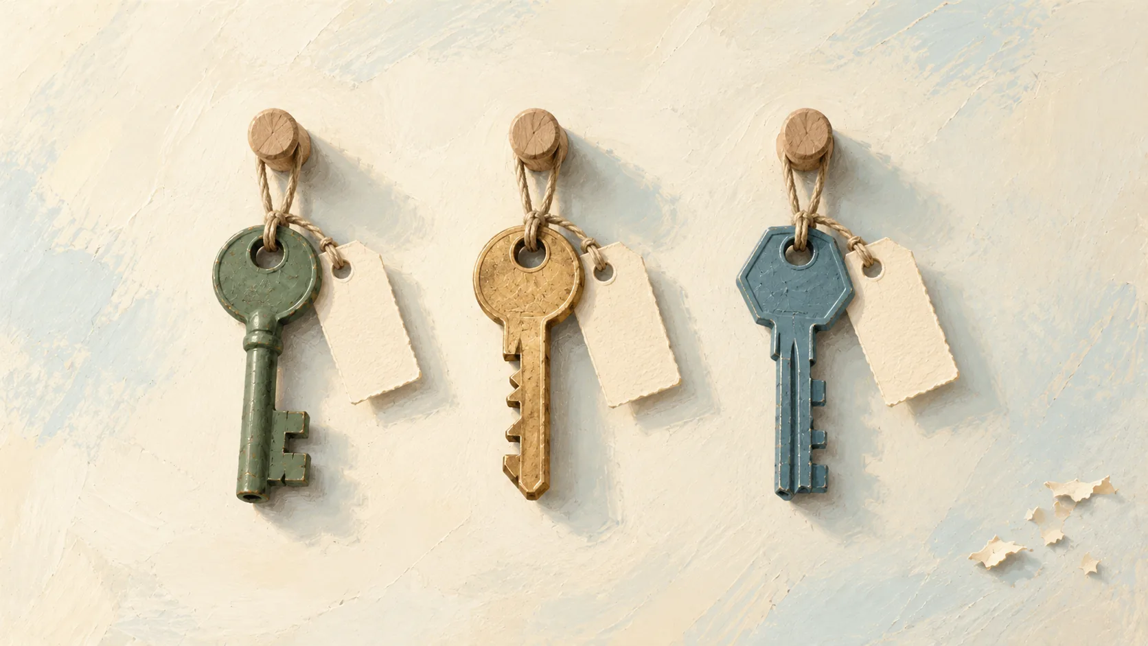 Three sage green, brass, and blue-gray keys hanging separately on wooden pegs with blank paper tags, representing a free SEO tools stack organized by job and limitations.