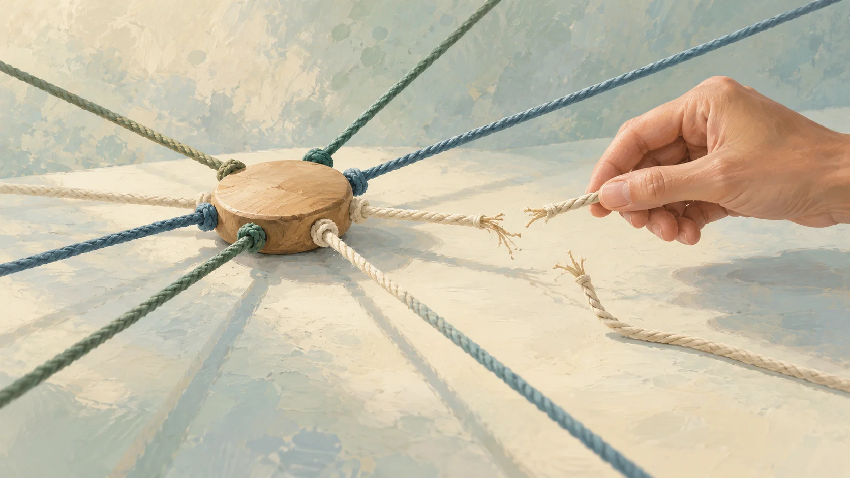 Checking website backlinks: cords running from a wooden hub, most intact and one frayed link being tested by hand