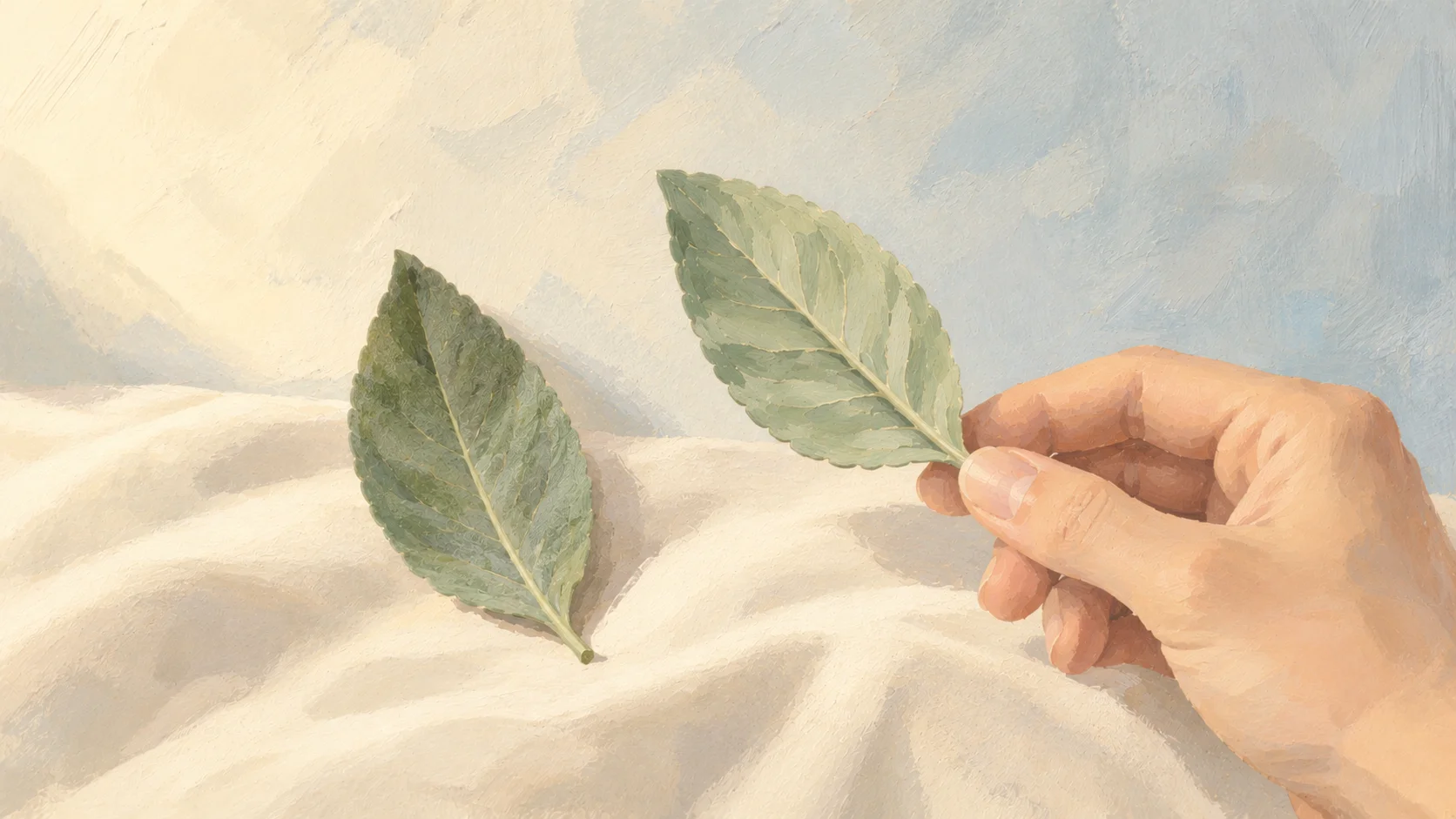 A hand lifting one of two near-identical leaves to inspect how it was made, a reminder to check edit history and evidence rather than one detector score