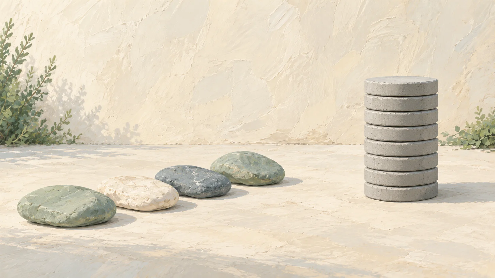 Varied natural stones beside a stack of identical pavers, like editorial links versus widely distributed footer links in a competitor's backlink profile
