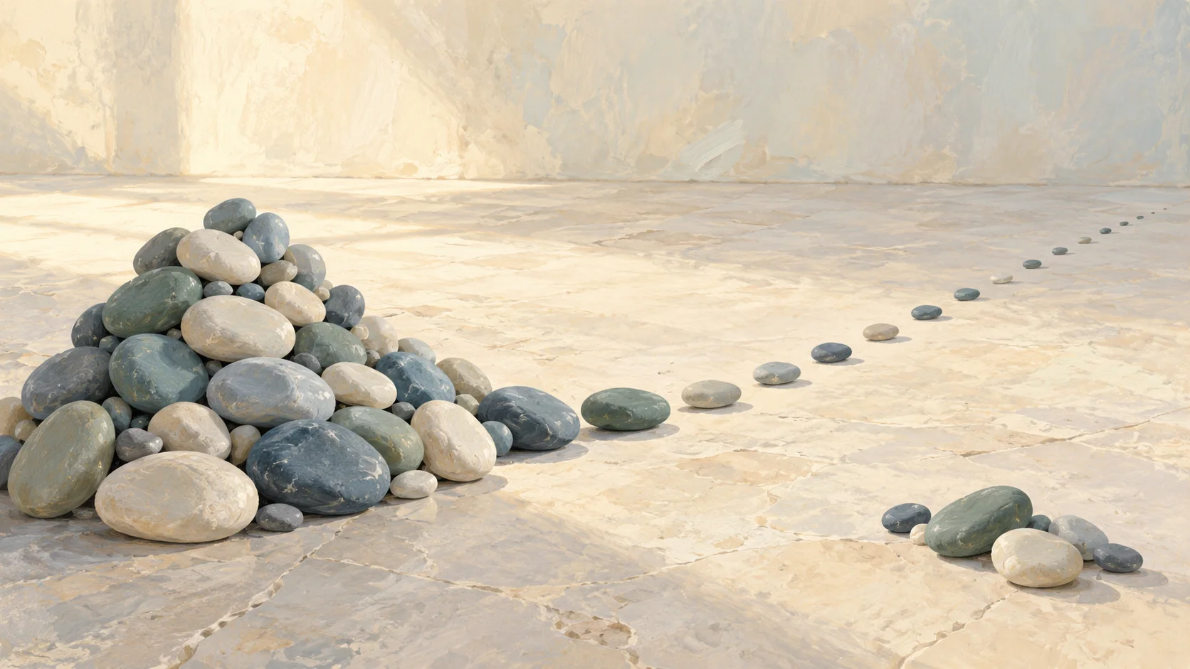 Google visibility score built by hand from Search Console data, shown as a heap of pebbles thinning into a sparse trail across the floor like a click curve