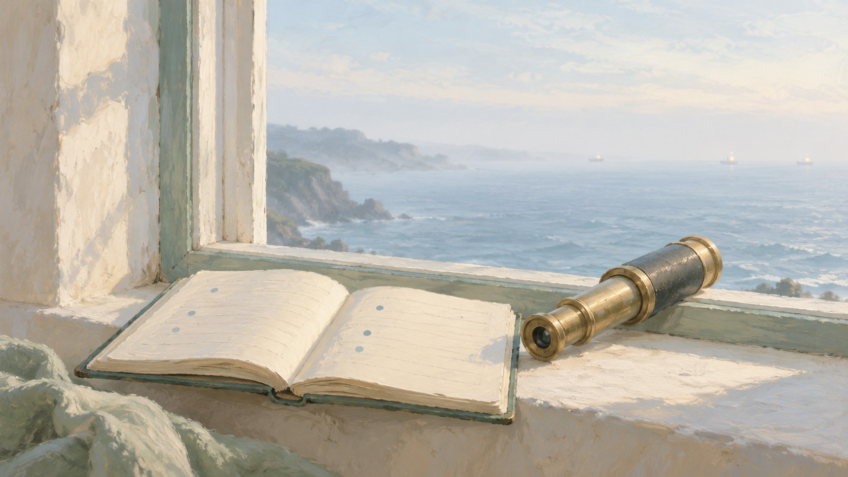 Open GEO audit logbook and brass telescope on a pale windowsill overlooking a misty morning sea, with faint ship lights on the horizon.