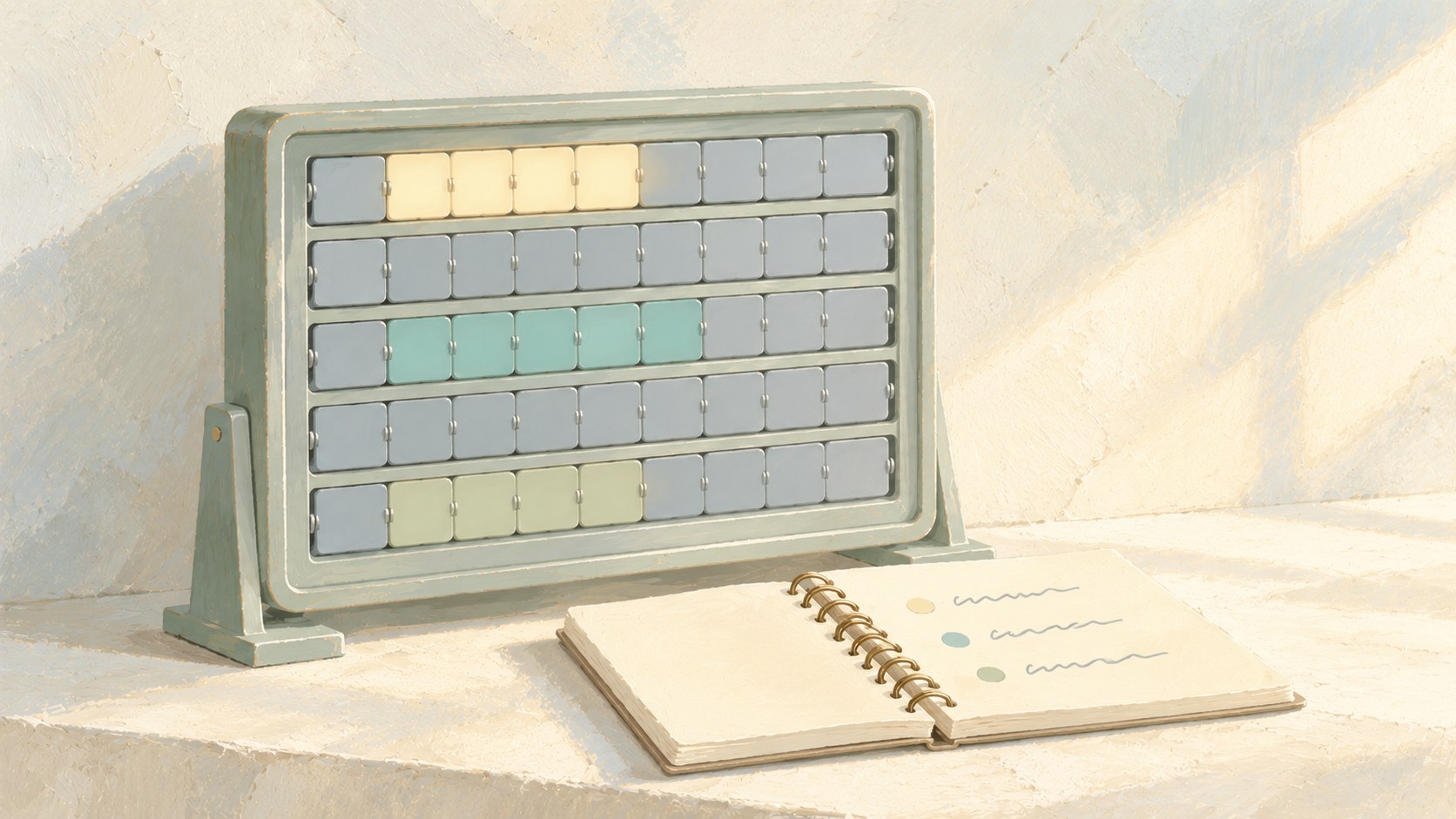 Pale sage departures board with three rows highlighted in cream, teal, and sage, alongside an open notebook with matching marks representing tracked searches, AI Overview appearances, and brand visibility.