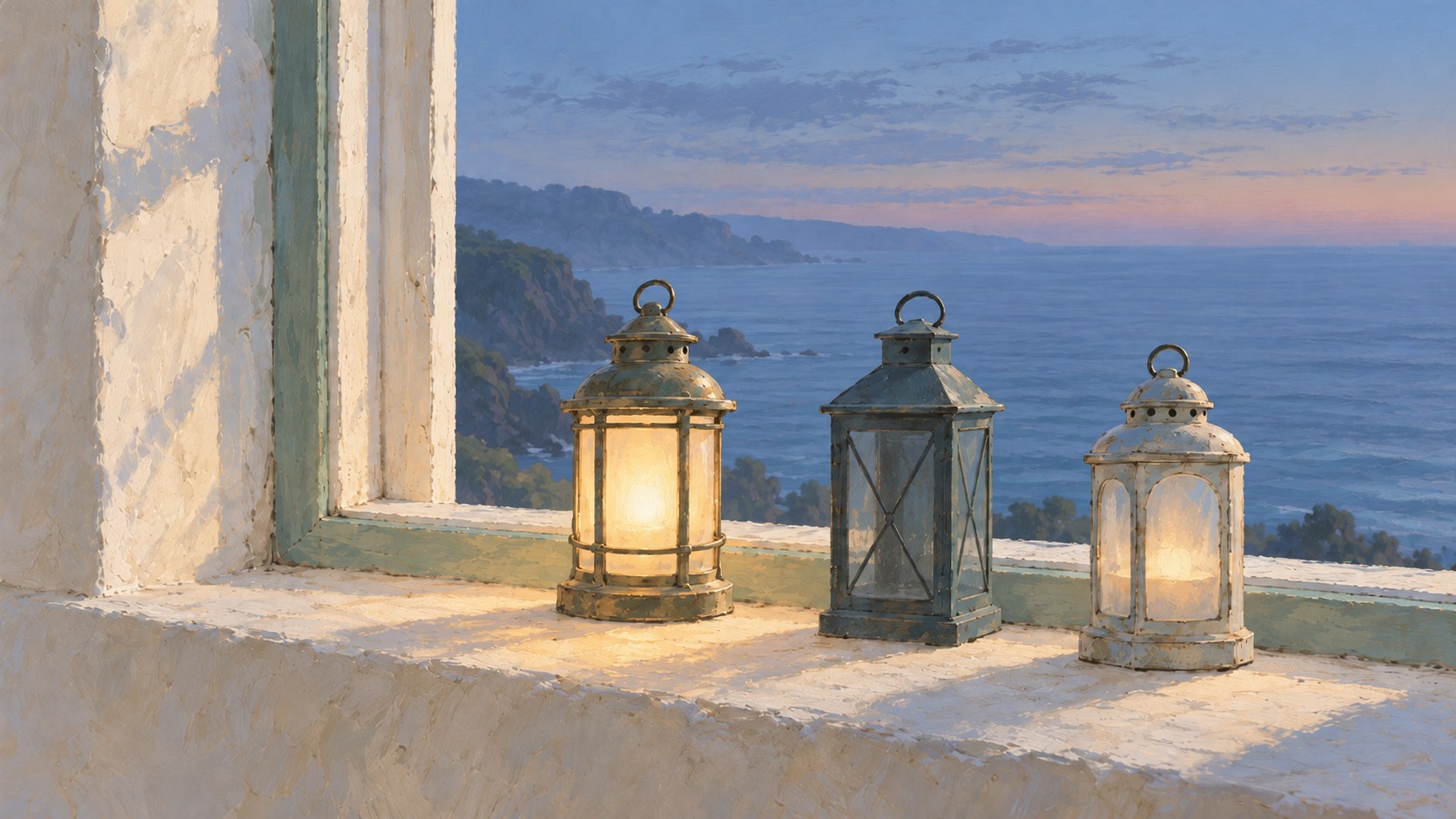 Three lanterns on a coastal windowsill just after sunset, one glowing, one unlit, and one faintly lit, representing different AI crawler access states.